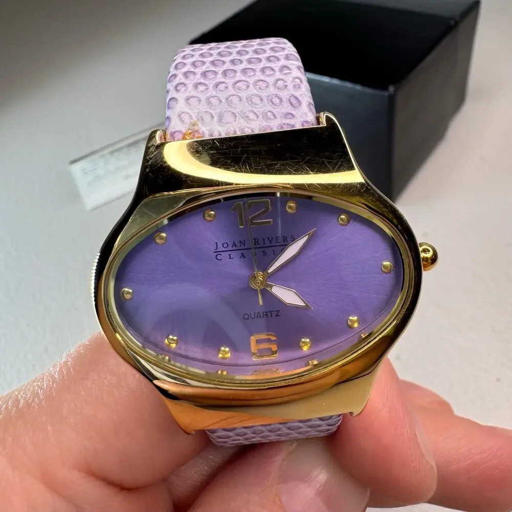 joan rivers classics purple leather cuff watch gold tone quartz box